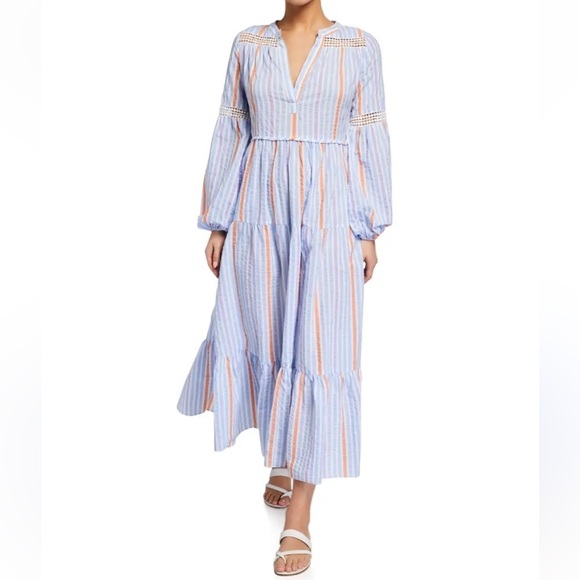 Lemlem Bahiri Blue Striped Long Sleeve Peasant Maxi Dress Size Medium - Picture 1 of 9